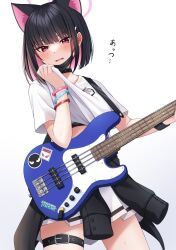 Rule 34 | 1girl, animal ears, black hair, black mask, blue archive, blush, cat ears, colored inner hair, cowboy shot, electric guitar, extra ears, guitar, hair ornament, hairclip, halo, highres, holding, holding instrument, instrument, kazusa (band) (blue archive), kazusa (blue archive), komori kuzuyu, mask, mouth mask, multicolored hair, official alternate costume, open mouth, pink hair, pink halo, pleated skirt, red eyes, shirt, short hair, short sleeves, simple background, skirt, solo, surgical mask, sweat, thigh strap, white background, white shirt, white skirt