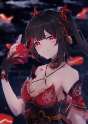 Rule 34 | 1girl, bell, black choker, black gloves, black hair, blunt bangs, blurry, blurry background, bow, breasts, choker, cleavage, collarbone, detached sleeves, ewoagemasull, floating hair, fox mask, gloves, hair bell, hair bow, hair ornament, hair ribbon, highres, holding, holding mask, honkai: star rail, honkai (series), long hair, looking at viewer, mask, medium breasts, mole, mole under eye, neck bell, night, obi, outdoors, parted lips, red bow, red eyes, red ribbon, red sleeves, ribbon, sash, short sleeves, solo, sparkle (honkai: star rail), twintails, unworn mask, upper body