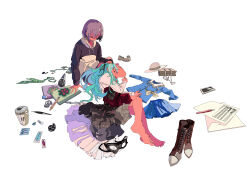 Rule 34 | 1136277196, 2girls, bag, bandaid, bang dream!, bang dream! it&#039;s mygo!!!!!, barefoot, black hoodie, black ribbon, blue hair, boots, can, cellphone, closed eyes, commentary, domino mask, drawstring, dress, full body, grey hair, grey shirt, hair ribbon, hand on another&#039;s head, highres, hood, hoodie, lap pillow, ligne claire, long hair, long sleeves, lying, mask, microphone, multiple girls, necktie, notebook, on side, pen, pencil skirt, phone, ribbon, score, shirt, shoes, short hair, simple background, sitting, skirt, smartphone, sticker, takamatsu tomori, toes, togawa sakiko, unworn bag, unworn boots, unworn dress, unworn headwear, unworn mask, unworn necktie, unworn shoes, unworn skirt, white background, white shirt