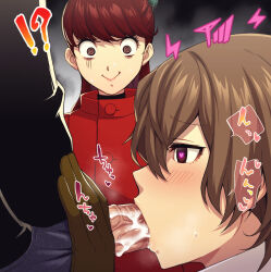 Rule 34 | !?, 1girl, 2boys, :&gt;, @ @, akechi gorou, amamiya ren, black shirt, blush, brown hair, commentary request, cum, eyelashes, fellatio, from side, gloves, glowing pupils, hair between eyes, heart, heart-shaped pupils, highres, hypnosis, large penis, mind control, multiple boys, oral, penis, persona, persona 5, profile, red eyes, red hair, shirt, short hair, sound effects, speech bubble, spoken heart, steam, symbol-shaped pupils, teba motoko, translation request, veins, veiny penis, voyeurism, wide-eyed, yaoi, yoshizawa kasumi