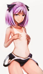 Rule 34 | 1girl, clothes pull, covering nipples, covering privates, cowboy shot, fate/grand order, fate (series), flat chest, helena blavatsky (fate), highres, looking at viewer, medium hair, one-piece swimsuit pull, one-piece tan, pink eyes, pink hair, purple eyes, purple hair, simple background, smile, solo, standing, tan, tanline, white background