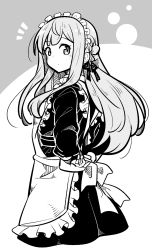 Rule 34 | 1girl, alternate costume, apron, arms behind back, assault lily, back bow, bow, braid, closed mouth, cowboy shot, cropped legs, dress, enmaided, frilled apron, frills, from side, grey background, greyscale, hair bow, highres, kon kanaho, light blush, long hair, long sleeves, looking at viewer, looking to the side, maid, maid apron, maid day, maid headdress, monochrome, morugen, notice lines, side braid, sidelocks, solo, standing, two-tone background, tying apron, wavy hair, white background