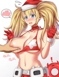 Rule 34 | 1girl, absurdres, bikini, blonde hair, blue eyes, blush, breasts, christmas, enemy lifebuoy (kancolle), gambier bay (kancolle), gloves, hat, highres, kantai collection, kome cola, large breasts, long hair, open mouth, santa bikini, santa hat, solo, solo focus, swimsuit, twintails