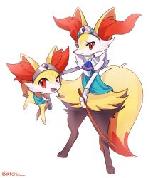 Rule 34 | 1girl, absurdres, animal ear fluff, animal ears, animal feet, animal nose, artist name, ascot, black fur, blue ascot, blue gemstone, body fur, bracer, braixen, closed mouth, clothed pokemon, creatures (company), etchyu, fangs, female focus, fennekin, flat chest, fox ears, fox girl, fox tail, full body, furry, furry female, game freak, gem, gen 6 pokemon, happy, highres, holding, holding stick, jewelry, looking at viewer, multicolored fur, neck fur, neck ring, nintendo, open mouth, pokemon, pokemon (creature), pokemon unite, red eyes, signature, simple background, smile, snout, standing, stick, tail, tiara, twitter username, white background, white fur, yellow fur