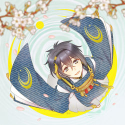 Rule 34 | 10s, 1boy, black hair, blue eyes, blurry, cherry blossoms, depth of field, from above, gradient background, japanese clothes, male focus, mikazuki munechika, nightcat, petals, sayagata, smile, solo, touken ranbu