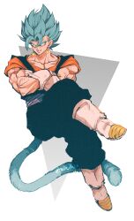 Rule 34 | 1boy, absurdres, artist name, biceps, blue eyes, blue hair, boots, collarbone, crossed arms, crossed legs, dougi, dragon ball, dragon ball super, earrings, full body, gloves, grey background, grey sash, hair between eyes, highres, invisible chair, jewelry, looking away, male focus, monkey tail, muscular, muscular male, orange shirt, parted lips, potara earrings, relio db318, sash, shirt, short sleeves, simple background, sitting, smile, solo, spiked hair, super saiyan, super saiyan blue, tail, teeth, twitter username, two-tone background, v-shaped eyebrows, vegetto, veins, white background, white footwear, white gloves