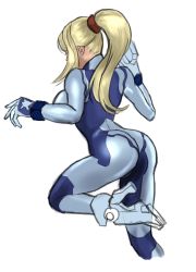 Rule 34 | 1girl, ass, backboob, blonde hair, blue bodysuit, bodysuit, boots, breasts, female focus, from behind, gun, hands up, high heel boots, high heels, high ponytail, highres, holding, holding gun, holding weapon, huge ass, iwao178, large breasts, legs, long hair, metroid, nintendo, ponytail, samus aran, shiny clothes, simple background, skin tight, solo, standing, standing on one leg, thighs, weapon, white background, zero suit
