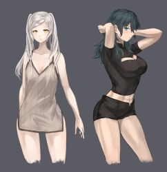 Rule 34 | 2girls, abs, bare shoulders, black shirt, black shorts, blouse, blue eyes, blue hair, breasts, bustier, byleth (female) (fire emblem), byleth (fire emblem), cleavage, cleavage cutout, clothing cutout, collarbone, cropped legs, fire emblem, grey hair, hand in own hair, large breasts, long shirt, medium breasts, medium hair, midriff, multiple girls, navel, nintendo, robin (female) (fire emblem), robin (fire emblem), shirt, short sleeves, shorts, simple background, sleeveless, sleeveless shirt, yellow eyes, zuzu (ywpd8853)
