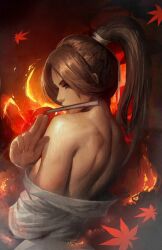 Rule 34 | 1girl, autumn leaves, bare back, breasts, brown hair, fatal fury, from behind, hand fan, ickpot, long hair, medium breasts, ponytail, shiranui mai, the king of fighters