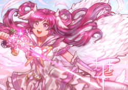 Rule 34 | 1girl, :d, absurdres, angel wings, artist name, butterfly brooch, cure dream, cure fleuret, earrings, feathers, flower, flower brooch, hair rings, highres, holding, holding sword, holding weapon, inkfy, jewelry, long hair, looking at viewer, magical girl, open mouth, pink eyes, pink flower, pink hair, pink rose, pink theme, pouch, precure, rose, shining dream, smile, solo, sword, upper body, weapon, white wings, wing hair ornament, wings, wrist cuffs, yes! precure 5, yes! precure 5 gogo!, yumehara nozomi