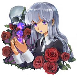 Rule 34 | 1girl, absurdres, blue lips, breasts, flower, grey hair, hands up, highres, level-00, long hair, long sleeves, medium breasts, original, parted lips, procreate (medium), purple eyes, red flower, red rose, rose, simple background, skull, skull-shaped pupils, solo, symbol-shaped pupils, thorns, upper body, white background