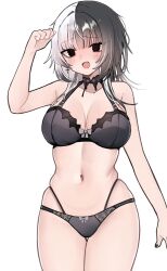 Rule 34 | 1girl, @ @, alternate eye color, arm at side, black bra, black choker, black eyes, black hair, black panties, blush, bra, breasts, choker, clenched hand, commentary, cowboy shot, cross, cross earrings, earrings, embarrassed, fang, grey hair, hand up, highres, hololive, hololive english, jewelry, large breasts, long hair, looking at viewer, meiwowowo, multi-strapped panties, multicolored hair, narrow waist, navel, open mouth, panties, shiori novella, shiori novella (1st costume), skindentation, solo, split-color hair, stomach, underwear, underwear only, virtual youtuber, wide hips