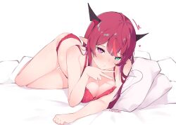Rule 34 | 1girl, ass, blue eyes, blush, bra, breasts, cleavage, heterochromia, highres, holocouncil, hololive, hololive english, horns, irys (hololive), large breasts, lingerie, long hair, looking at viewer, lying, multicolored hair, namiorii, on bed, open mouth, panties, pink eyes, pointy ears, purple eyes, purple hair, red bra, red hair, red panties, solo, streaked hair, underwear, underwear only, v, very long hair, virtual youtuber