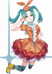 Rule 34 | 1girl, absurdres, aqua hair, aqua thighhighs, black thighhighs, boots, bow, closed mouth, commentary, dress, dress bow, dress ribbon, expressionless, floating hair, foreshortening, frilled dress, frills, full body, googly eyes, green eyes, hand on own hip, hat, highres, hikimayu, jumping, lips, long hair, looking at viewer, monogatari (series), ononoki yotsugi, orange dress, orange hat, parted bangs, puffy short sleeves, puffy sleeves, ribbon, rubber boots, short dress, short eyebrows, short sleeves, sidelocks, solo, striped clothes, striped thighhighs, takamiya2222, thick eyebrows, thighhighs, twintails, v, v over eye, white background, white bow, white ribbon, yellow footwear