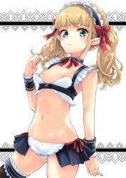 Rule 34 | 1girl, apron, armpit peek, bare arms, bare shoulders, black choker, black skirt, black thighhighs, blonde hair, blue eyes, bow, bowtie, breasts, cameltoe, choker, cowboy shot, crop top, elf, frills, frown, hair bow, headdress, highres, long hair, looking at viewer, maid, maid headdress, makita yoshiharu, microskirt, midriff, navel, nipples, original, pleated skirt, pointy ears, revealing clothes, showgirl skirt, skirt, sleeveless, small breasts, solo, stomach, thighhighs, twintails, waist apron, wrist cuffs