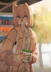 Rule 34 | 1girl, animal ears, aqua eyes, backpack, bag, blurry, blurry background, brown coat, coat, collared shirt, cup, disposable cup, dog ears, dog girl, drinking straw, female focus, furry, furry female, highres, holding, holding cup, kaziearts, looking at viewer, medium hair, open clothes, open coat, original, shirt, short eyebrows, solo