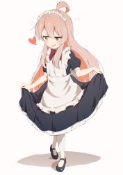 Rule 34 | 1girl, absurdres, ahoge, alternate costume, apron, black dress, black footwear, blush, bow, bowtie, commentary request, dress, enmaided, facing viewer, frilled apron, frills, full body, hair between eyes, heart, highres, kaai yuu, loafers, long hair, looking away, maid, maid apron, maid headdress, onii-chan wa oshimai!, open mouth, oyama mahiro, pink hair, puffy short sleeves, puffy sleeves, red bow, red bowtie, shoes, short sleeves, simple background, skirt hold, solo, standing, white apron, white background, yellow eyes