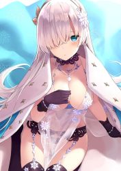 Rule 34 | 1girl, anastasia (fate), arm support, artoria pendragon (fate), artoria pendragon (lancer alter) (fate), artoria pendragon (lancer alter) (fate) (cosplay), artoria pendragon (lancer alter) (royal icing) (fate), artoria pendragon (lancer alter) (royal icing) (fate) (cosplay), azuuru, babydoll, bad id, bad twitter id, bare shoulders, black panties, blue cape, blue eyes, blush, bracelet, breasts, cape, choker, cleavage, closed mouth, collarbone, cosplay, craft essence (fate), fate/grand order, fate (series), fur-trimmed cape, fur trim, garter belt, gloves, hair over one eye, hairband, hand up, highres, jewelry, large breasts, lingerie, long hair, looking at viewer, necklace, official alternate costume, panties, revealing clothes, see-through, sidelocks, silver hair, sitting, snowflake print, solo, thighhighs, underwear, very long hair