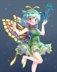 Rule 34 | 1girl, antennae, aqua hair, arinu, barefoot, blue background, blue nails, blush, bug, butterfly, butterfly earrings, butterfly wings, dress, earrings, eternity larva, feet out of frame, green dress, highres, insect, insect wings, jewelry, leaf, leaf on head, leg up, looking at viewer, nail polish, open mouth, see-through, short sleeves, smile, solo, teeth, toenail polish, toenails, touhou, upper teeth only, wings, yellow eyes