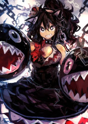 Rule 34 | 1girl, :d, absurdres, bare shoulders, black dress, black eyes, black hair, borrowed design, breasts, bright pupils, chain chomp, character print, commentary request, crown, dress, grin, hair between eyes, hands up, high ponytail, highres, kaamin (mariarose753), long hair, looking at viewer, mario (series), medium breasts, new super mario bros. u deluxe, nintendo, no eyebrows, open mouth, parted bangs, princess, princess chain chomp, sharp teeth, sideways mouth, smile, solo, super crown, teeth, white pupils