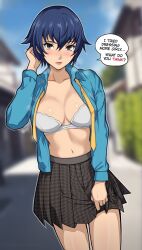 Rule 34 | 1girl, black eyes, black skirt, blue hair, blue shirt, blue sky, blurry, blurry background, bra, breasts, cleavage, commentary, commentary request, cowboy shot, day, english commentary, english text, highres, large breasts, lepypepy, long sleeves, looking at viewer, miniskirt, mixed-language commentary, open clothes, open shirt, outdoors, persona, persona 4, pink lips, pleated skirt, shirogane naoto, shirt, short hair, skirt, sky, solo, speech bubble, standing, thighs, underwear, white bra