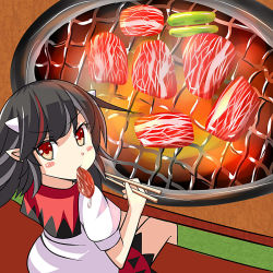 Rule 34 | 1girl, bad id, bad pixiv id, black hair, chopsticks, cone horns, food, from above, holding, horns, kijin seija, looking at viewer, looking up, meat, multicolored hair, oimo (imoyoukan), oimonocake, pointy ears, red eyes, solo, touhou, two-tone hair