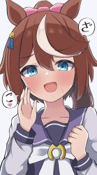 Rule 34 | :d, absurdres, animal ears, blue eyes, blush, bow, brown hair, clenched hand, collarbone, commentary, gokurin, hair between eyes, hair bow, hands up, high ponytail, highres, horse ears, horse girl, long sleeves, looking at viewer, multicolored hair, open hand, open mouth, pink bow, pov bullying, purple serafuku, purple sweater vest, school uniform, serafuku, shirt, simple background, smile, speech bubble, streaked hair, sweater vest, tokai teio (umamusume), translated, umamusume, upper body, white background, white hair, white shirt