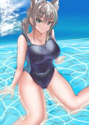 Rule 34 | 1girl, absurdres, animal ear fluff, animal ears, black one-piece swimsuit, blue archive, blue eyes, breasts, competition swimsuit, covered navel, cross hair ornament, extra ears, grey hair, hair ornament, halo, highres, large breasts, looking at viewer, low ponytail, medium hair, mismatched pupils, multicolored clothes, multicolored swimsuit, one-piece swimsuit, partially submerged, shiroko (blue archive), shiroko (swimsuit) (blue archive), sitting, smile, solo, swimsuit, waizumi (vestineislancer), wariza, water