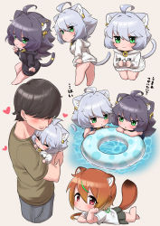 Rule 34 | 1boy, 3girls, absurdres, ahoge, animal ear fluff, animal ears, beige background, black hair, blush, carrying, cat ears, cat girl, cat tail, chibi, closed eyes, closed mouth, collar, commentary request, dot mouth, ear piercing, faceless, faceless male, green eyes, grey hair, hair between eyes, heart, highres, innertube, kohaku (ngetyan), mini person, minigirl, multicolored hair, multiple girls, multiple views, ngetyan, orange hair, original, piercing, red eyes, renge (ngetyan), ringe (ngetyan), simple background, swim ring, swimsuit, tail, tail ornament, tail ring, translation request, water