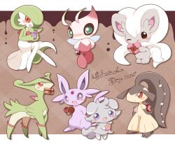 akuasu alternate_color blush bob_cut box candy celebi chocolate chocolate_heart cinccino colored_skin creatures_(company) dress espeon espurr extra_mouth food forehead_jewel game_freak gardevoir gen_2_pokemon gen_3_pokemon gen_5_pokemon gen_6_pokemon gift green_eyes green_hair green_skin grey_fur heart heart-shaped_box heart-shaped_food highres legendary_pokemon mawile multicolored_skin mythical_pokemon nintendo open_mouth pink_eyes pink_skin pokemon pokemon_(creature) purple_eyes purple_fur shiny_pokemon smile two-tone_skin valentine virizion white_dress white_skin yellow_skin