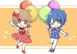 Rule 34 | 1boy, 1girl, ahoge, balloon, blue eyes, blue hair, blue neckwear, bow, bowtie, brown hair, chibi, commentary, dress, hair bow, hand up, holding, holding balloon, kaito (vocaloid), mary janes, meiko (vocaloid), one eye closed, open mouth, orange background, outstretched arm, pants, polka dot, polka dot dress, polka dot shirt, red bow, shirt, shoes, short hair, smile, star (symbol), vocaloid, waving, white pants, yoshiki