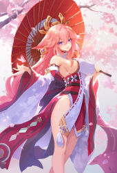 Rule 34 | 1girl, :d, animal ears, breasts, cherry blossoms, commentary, detached sleeves, earrings, fox ears, genshin impact, hair between eyes, highres, japanese clothes, jewelry, large breasts, long hair, long sleeves, looking at viewer, low-tied long hair, mushroommirror, nontraditional miko, oil-paper umbrella, open mouth, panties, pink hair, purple eyes, shirt, sidelocks, smile, solo, string panties, tomoe (symbol), umbrella, underwear, vision (genshin impact), white shirt, wide sleeves, yae miko