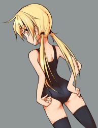 Rule 34 | 1girl, adjusting clothes, adjusting swimsuit, ahoge, alternate costume, ass, bare arms, bare shoulders, black one-piece swimsuit, blonde hair, blush, cowboy shot, dutch angle, from behind, grey background, hair tie, hand on own hip, hand under clothes, hand under swimsuit, ichidai taisa, kantai collection, legs apart, long hair, looking at viewer, looking back, low twintails, one-piece swimsuit, satsuki (kancolle), school swimsuit, simple background, solo, standing, swimsuit, thighhighs, twintails, very long hair, yellow eyes