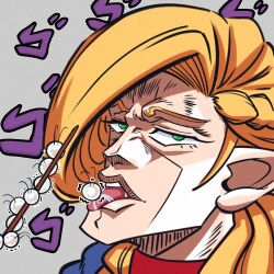 Rule 34 | 1girl, blonde hair, braid, bug, centipede, choker, dungeon meshi, eating, french braid, furrowed brow, green eyes, grey background, highres, holding, holding skewer, jojo no kimyou na bouken, licking, loen, long hair, looking at viewer, marcille donato, parody, pointy ears, portrait, rero rero, saliva, scene reference, skewer, solo, style parody, tongue, tongue out, trembling