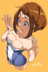Rule 34 | 1girl, boku no hero academia, breast press, breasts, brown eyes, brown hair, closed mouth, clothes pull, highres, medium breasts, one-piece swimsuit, short hair, sidelocks, simple background, skindentation, solo, swimsuit, uraraka ochako, white background, yuuzii