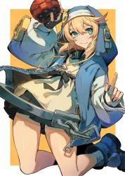 Rule 34 | 1boy, androgyne symbol, aqua eyes, arm up, bike shorts, black skirt, blonde hair, blue footwear, blue hoodie, border, bridget (guilty gear), closed mouth, commentary request, cross, cuffs, drawstring, dress, fingerless gloves, gloves, guilty gear, guilty gear strive, hair between eyes, handcuffs, highres, holding, hood, hood up, hoodie, index finger raised, kneeling, kuroi susumu, long hair, looking at viewer, male focus, miniskirt, open clothes, open hoodie, orange background, partial commentary, pleated dress, pleated skirt, shirt, shoes, sidelocks, simple background, skirt, smile, solo, thigh gap, trap, white border, white shirt, yo-yo