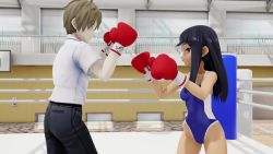 Rule 34 | 1boy, 1girl, 3d, animated, artist request, ass, belt, black hair, blue one-piece swimsuit, boxing, boxing gloves, boxing ring, brown eyes, brown hair, crazy eyes, curvy, dark-skinned female, dark skin, defeat, fighting, hachiouji naoto, hair ornament, hairclip, highres, ijiranaide nagatoro-san, looking at another, nagatoro hayase, one-piece swimsuit, pain, punching, school uniform, shadow, shirt, short sleeves, size difference, sound, sweat, swimsuit, violence, video