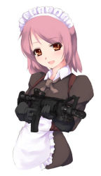 Rule 34 | 1girl, assault rifle, combat maid, gun, maid, nekohige, pink hair, rifle, simple background, solo, weapon, white background