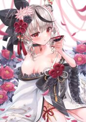 Rule 34 | 1girl, bare shoulders, black choker, black hair, black nails, blush, breasts, chest sarashi, choker, collarbone, commentary, cup, ear piercing, flower, flower knot, glint, grey hair, hair bun, hair flower, hair ornament, hair stick, highres, holding, holding cup, hololive, japanese clothes, kimono, large breasts, looking at viewer, medium hair, multicolored hair, multicolored nails, nail polish, null maru, off shoulder, parted lips, petals, piercing, red eyes, red flower, red nails, sakamata chloe, sakamata chloe (new year), sarashi, sitting, solo, streaked hair, symbol-only commentary, tassel, tassel hair ornament, virtual youtuber, wide sleeves