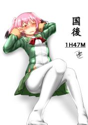 Rule 34 | 10s, 1girl, blush, bow, bowtie, character name, colored tips, completion time, fur-trimmed sleeves, fur trim, green skirt, hands up, invisible chair, jacket, kantai collection, kunashiri (kancolle), leaning back, legs, making-of available, miniskirt, multicolored hair, orange eyes, pantyhose, pink hair, red bow, red bowtie, signature, sitting, skirt, solo, tsukino murakumo, twintails, two side up, white pantyhose