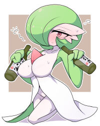 Rule 34 | 1girl, alcohol, beer, blush, bob cut, border, bottle, breasts, brown background, closed mouth, collarbone, colored skin, creatures (company), drink, drunk, female focus, full body, game freak, gardevoir, gen 3 pokemon, green hair, green skin, groin, hair over one eye, half-closed eyes, hands up, highres, holding, holding bottle, holding drink, ikuzonomiki12, japanese text, kneeling, large breasts, looking at viewer, multicolored skin, nintendo, nose blush, one eye covered, outline, outside border, pokemon, pokemon (creature), red eyes, short hair, simple background, solo, sweat, thighs, translation request, two-tone skin, white border, white outline, white skin