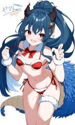 Rule 34 | 1girl, alternate costume, bare shoulders, bikini, black horns, blue hair, blush, bow, bowtie, breasts, claw pose, commission, darjeeling (reley), dragon girl, dragon horns, dragon tail, fang, groin, hair between eyes, hair ornament, hands up, high ponytail, highres, horns, indie virtual youtuber, kohaku wakana, long hair, looking at viewer, navel, open mouth, red bikini, red bow, red bowtie, red eyes, santa bikini, second-party source, side-tie bikini bottom, simple background, skeb commission, skin fang, small breasts, smile, solo, stomach, swimsuit, tail, thigh strap, very long hair, white background