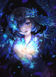 Rule 34 | 1girl, absurdres, ahoge, black background, blue butterfly, blue eyes, blue flower, blue hair, blue nails, blue shirt, blue theme, blue wings, blush, bug, butterfly, collared shirt, crossed arms, dress shirt, fang, feathered wings, flower, hair flower, hair ornament, hair over one eye, hands up, head wings, highres, insect, long sleeves, looking at viewer, mirage (rairudiseu), nail polish, open mouth, original, paint splatter, paint splatter on face, revision, shirt, short hair, skin fang, solo, upper body, wings