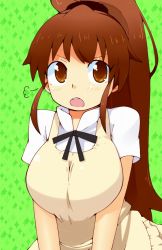 Rule 34 | 1girl, apron, blush, breasts squeezed together, breasts, brown eyes, brown hair, green background, large breasts, momo (fruits box), open mouth, petite, ponytail, sigh, solo, taneshima popura, waitress, working!!