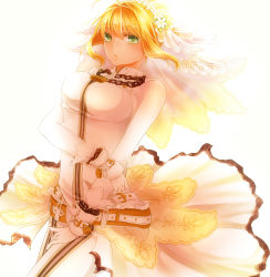 Rule 34 | 10s, 1girl, ahoge, bad id, bad pixiv id, belt, blonde hair, bodysuit, breasts, chain, chiroron, fate/extra, fate/extra ccc, fate (series), gloves, green eyes, lock, nero claudius (bride) (fate), nero claudius (fate), nero claudius (fate) (all), padlock, solo, veil