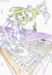 Rule 34 | 1girl, animation paper, brooch, cable, checkered floor, color trace, commentary, crossed arms, cure sword, dated, davi (dokidoki! precure), detached sleeves, dj, dokidoki! precure, dress, dutch angle, earrings, foreshortening, hair ornament, head tilt, headphones, heart, heart brooch, high ponytail, highres, itaoka1, jewelry, kenzaki makoto, key frame, looking at viewer, magical girl, microphone, mixing console, phonograph, precure, production art, record, smile, smug, spade (shape), spade earrings, spade hair ornament, trim marks, turntable, upper body