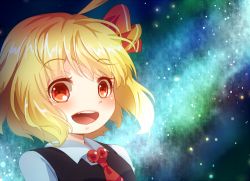 Rule 34 | 1girl, ahoge, bad id, bad pixiv id, blonde hair, dress shirt, fang, hair ribbon, looking at viewer, lowres, milky way, necktie, night, night sky, open mouth, red eyes, ribbon, rumia, sakuyabm, shirt, short hair, sky, solo, star (sky), starry sky, touhou, vest