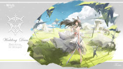 Rule 34 | 1girl, absurdres, alternate costume, amazedwatermelon, animal ear fluff, animal ears, arknights, bird, black hair, bow, breasts, character name, cloud, column, commentary, copyright name, day, dress, english text, expressionless, floating hair, floating island, flower, footwear bow, gloves, grass, hair flower, hair ornament, highres, holding, holding pocket watch, holding sword, holding weapon, lips, long hair, looking at viewer, outdoors, parted lips, pillar, pink flower, pink rose, planted, planted sword, planted weapon, pocket watch, rock, rose, shoes, single glove, sky, small breasts, solo, sword, texas (arknights), watch, weapon, wedding dress, white dress, white footwear, white gloves, wide shot, wolf ears, wolf girl, yellow eyes
