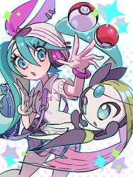 Rule 34 | 1girl, :o, absurdres, bag, beanie, blue eyes, blue hair, bracelet, collared shirt, commentary, creatures (company), english commentary, game freak, gen 5 pokemon, gloves, green hair, grey skirt, hair between eyes, hair ribbon, hands up, hat, hatsune miku, headphones, highres, jewelry, legendary pokemon, long hair, looking at another, meloetta, meloetta (aria), multicolored hair, mythical pokemon, nintendo, open mouth, pink ribbon, plaid, plaid skirt, pleated skirt, poke ball, poke ball (basic), pokemon, pokemon (creature), polo shirt, project voltage, psychic, psychic miku (project voltage), ribbon, shirt, short sleeves, shoulder bag, single glove, skirt, solo, sparkle, star (symbol), twintails, usa go13, very long hair, vocaloid, white gloves, white hat, white shirt