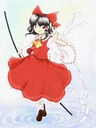 Rule 34 | 1girl, ascot, black hair, bow, brown footwear, closed mouth, detached sleeves, embodiment of scarlet devil, faux traditional media, frilled bow, frilled hair tubes, frilled skirt, frills, full body, gohei, hair bow, hair tubes, hakurei reimu, hand up, highres, holding, holding gohei, long sleeves, looking at viewer, medium hair, nontraditional miko, paper texture, parasite oyatsu, parted bangs, red bow, red eyes, red skirt, red vest, ribbon-trimmed sleeves, ribbon trim, shoes, sidelocks, skirt, skirt set, smile, socks, solo, standing, touhou, vest, white sleeves, white socks, wide sleeves, yellow ascot, zun (style)